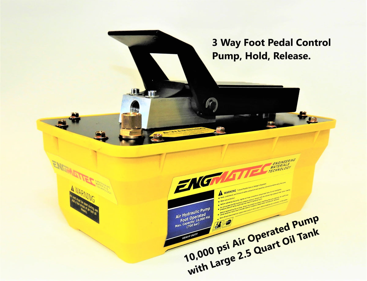 Compressed Air operated 10,000 psi Hydraulic Pump with 3-way foot pedal control and Large 2.5 quart Oil Tank