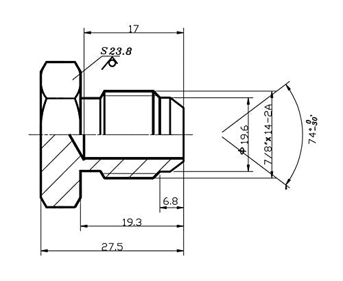 Technical Drawing of JIC Male Plug with thread diameter 7/8 inch with thread pitch of 14 Threads Per Inch TPI