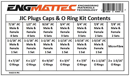 Chart of showing quantity and location of the 92 pc Jic Plug Caps and O Ring Kit in the Plastic parts tray