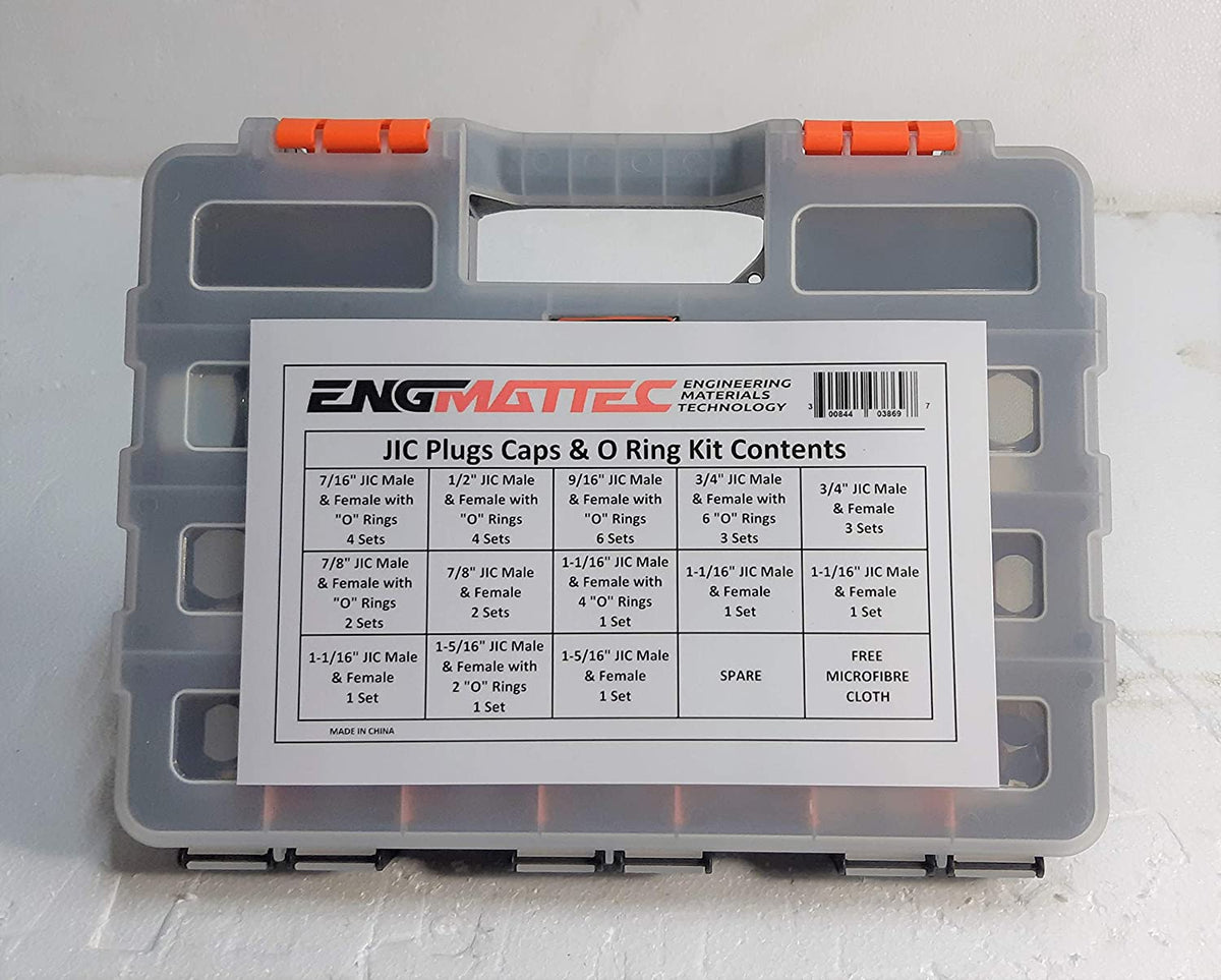 Easy to Carry Plastic parts tray filled with JIC Plugs, Caps, and Nitrile O rings, Seven Sizes 7/16&quot; to 1-5/16&quot; Total 92 Pcs