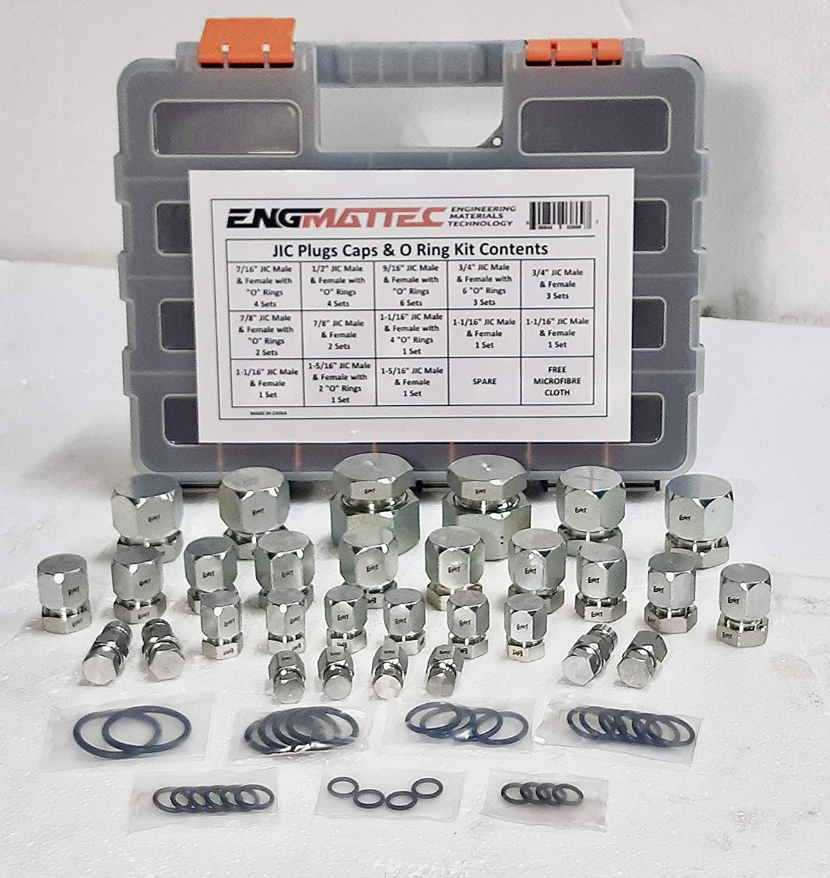 Strong and Stylish Plastic Parts tray with 7 different sizes of Steel JIC Plugs, Caps &amp; Nitrile O-Rings 92 pieces in total used stop hydraulic oil leaks and external contamination during hydraulic equipment maintenance and repair 
