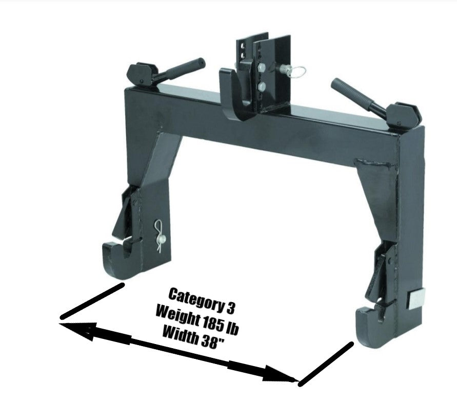Dimension and Weight of Category 3 Three Point Quick Hitch for Tractor  38 inches wide  185 pounds in Weight, 80 to 225 Horsepower