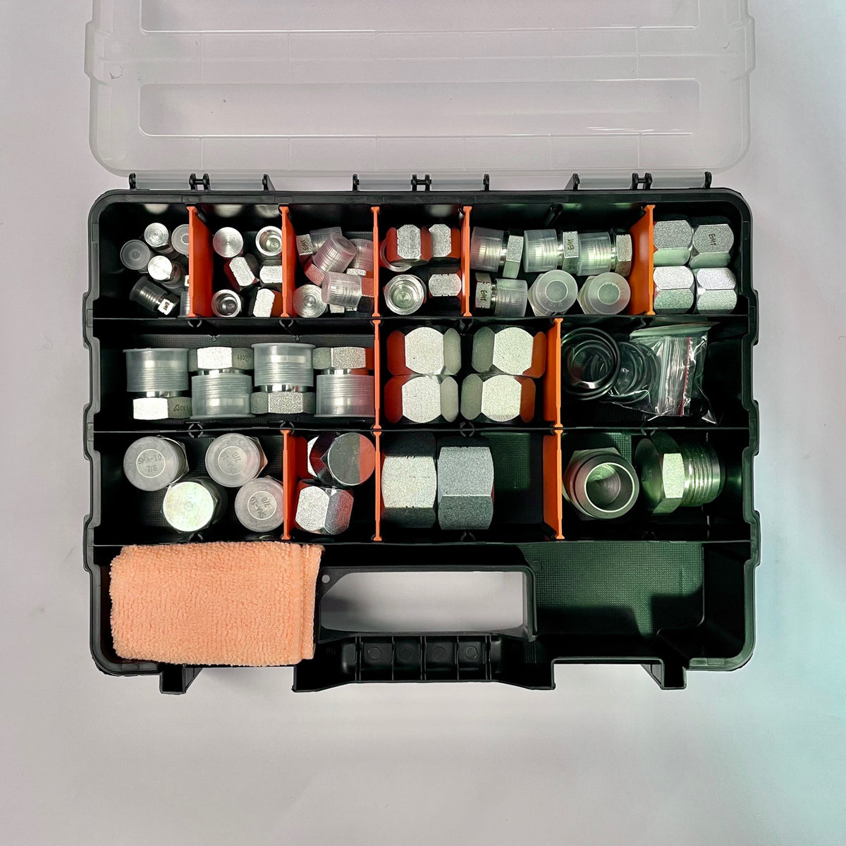 Layout of 7 different sizes of Steel JIC Plugs, Caps &amp; Nitrile O-Rings in a Plastic Parts tray  92 pieces in total JIC Plugs and Caps are used stop hydraulic oil leaks and external contamination during hydraulic equipment maintenance and repair